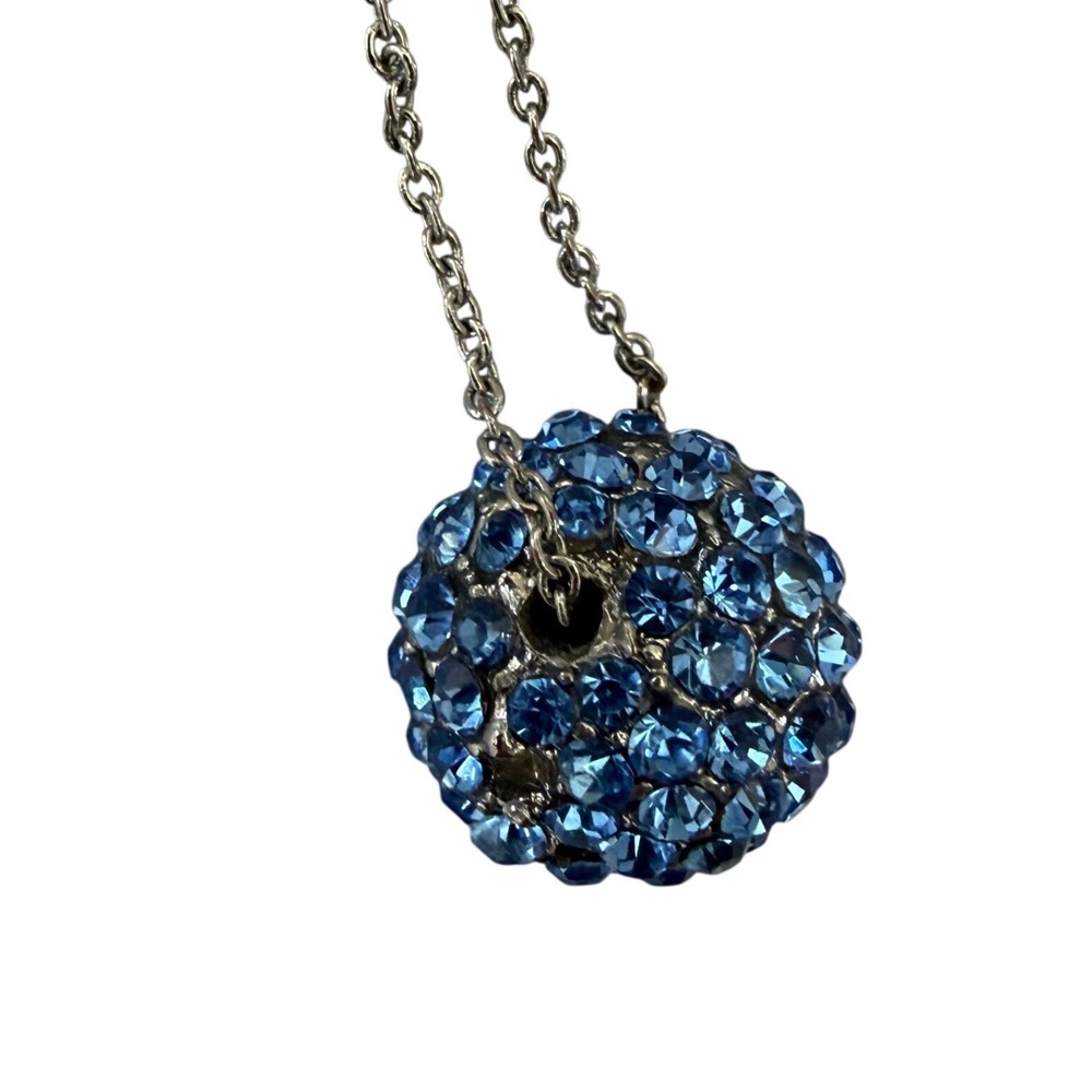 Monet Blue Crystal Pave Ball Pendant Necklace Silver Tone Modern, Flaw Shown - Picture 7 of 11